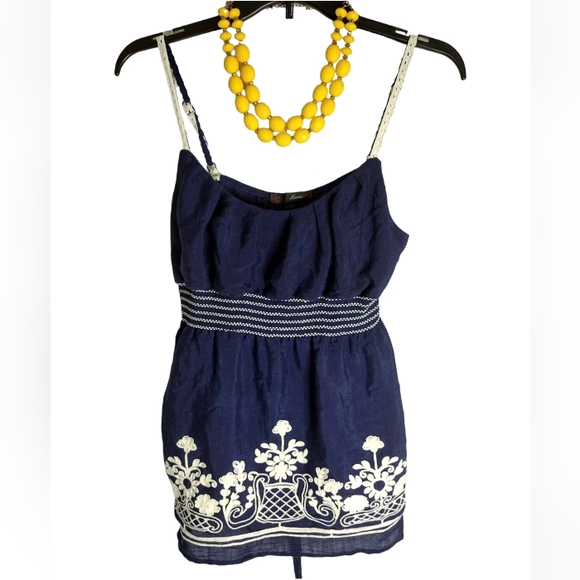 HEART SOUL | Navy Blue Spaghetti Strap Tank Embroidered Floral Design | Large - Picture 1 of 6